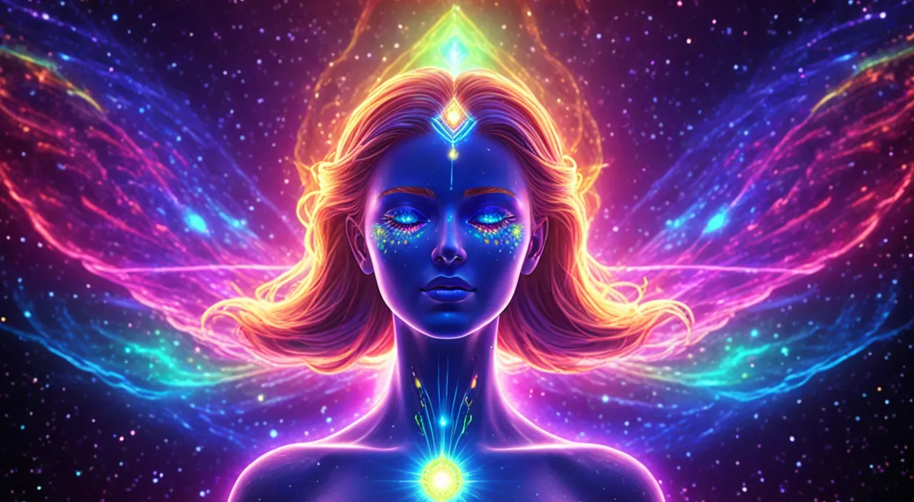 A portrait of a woman with glowing white eyes, surrounded by cosmic, aurora-like colors