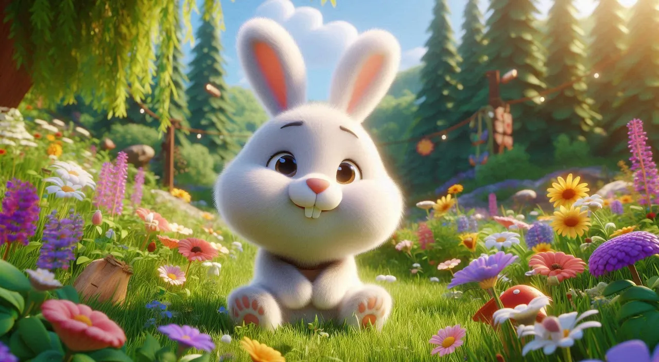 a white rabbit sitting in a field of flowers