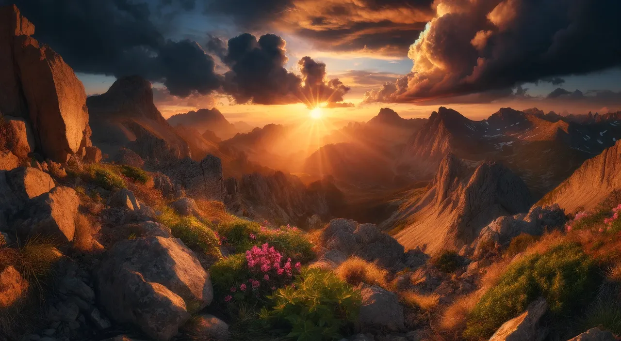 16:9 format, cloud, sky, plant, atmosphere, light, natural landscape, afterglow, flower, sunlight, highland