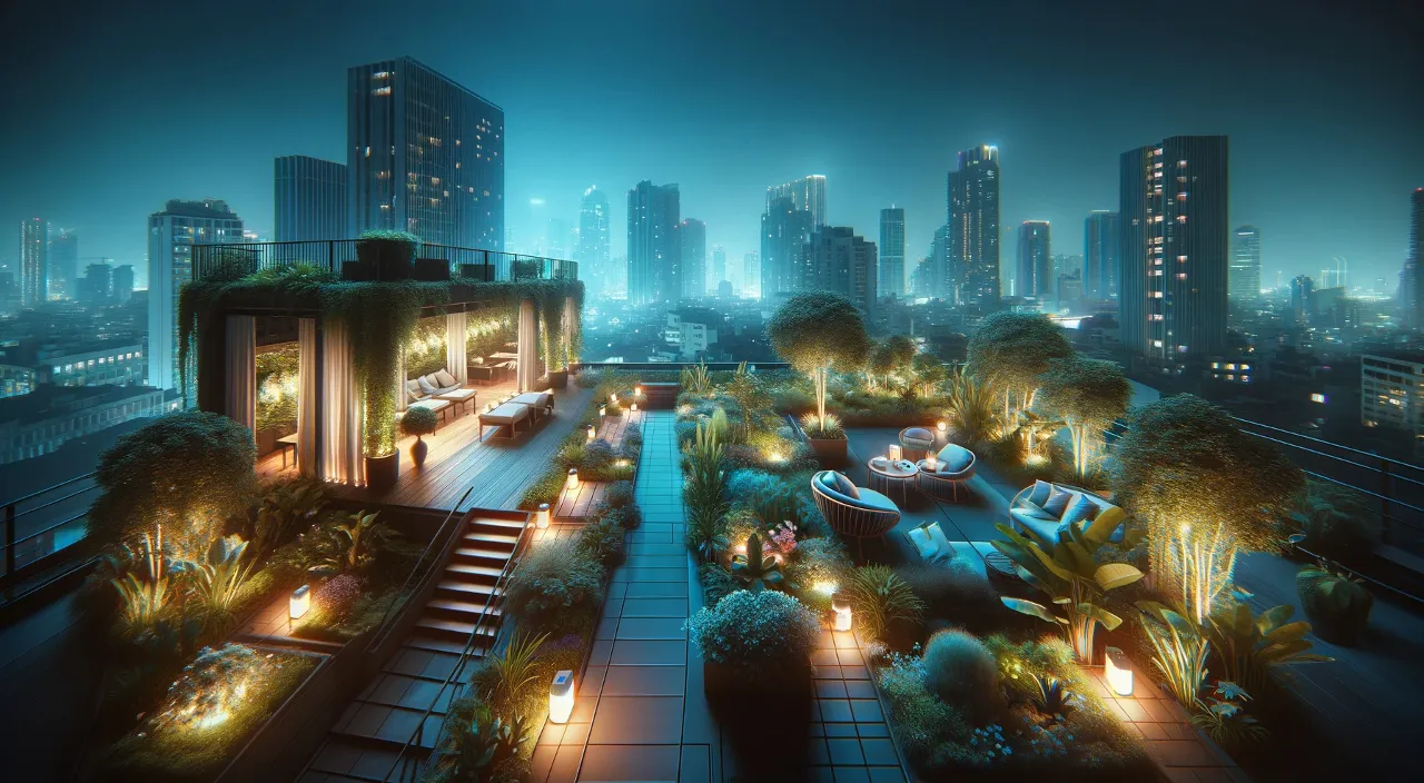 a tranquil rooftop garden at night. It features a rooftop space filled with lush green plants and comfortable seating areas, all softly lit by ambient lighting. The garden exudes a peaceful and reflective atmosphere, with the city skyline visible in the background, adding an urban contrast to the natural elements of the rooftop