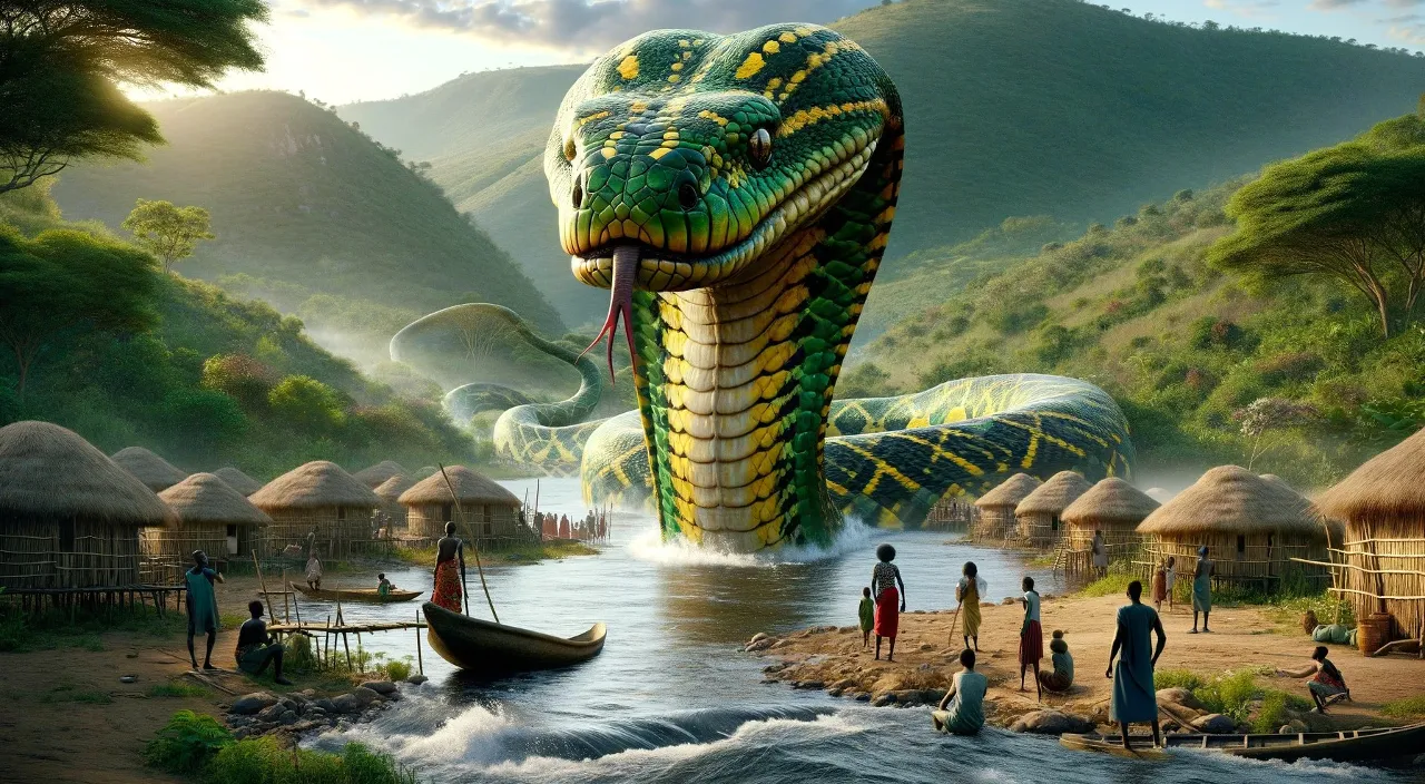 a painting of a snake with people around it