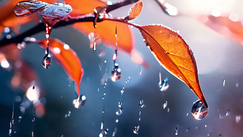 a branch with water drops hanging from it