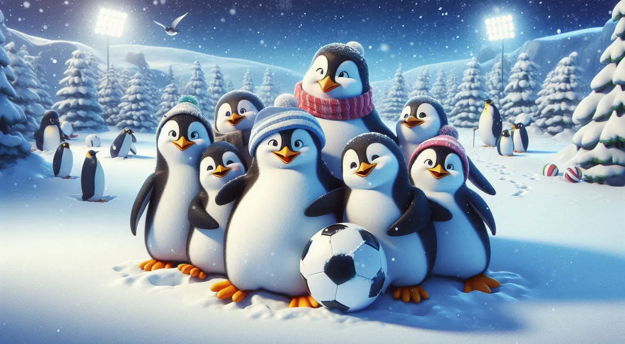 a group of penguins standing around a soccer ball