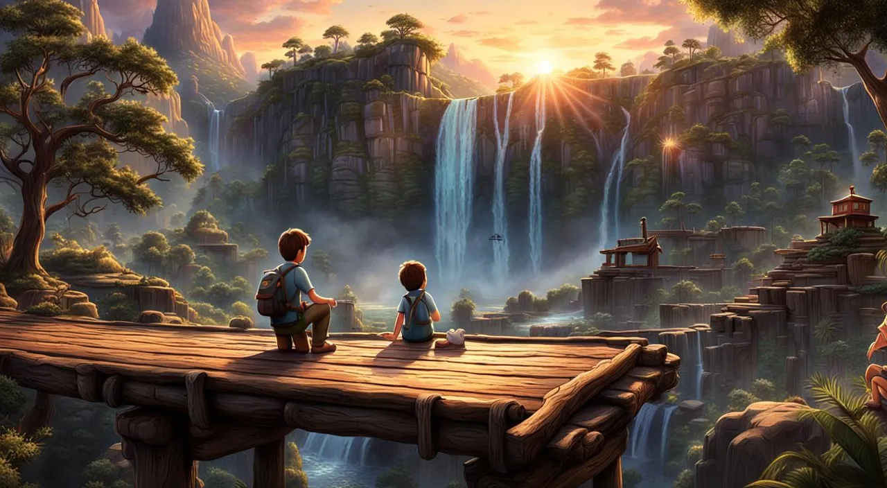 two children sitting on a bridge looking at a waterfall