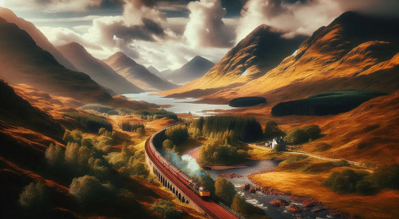 a painting of a train traveling through the mountains