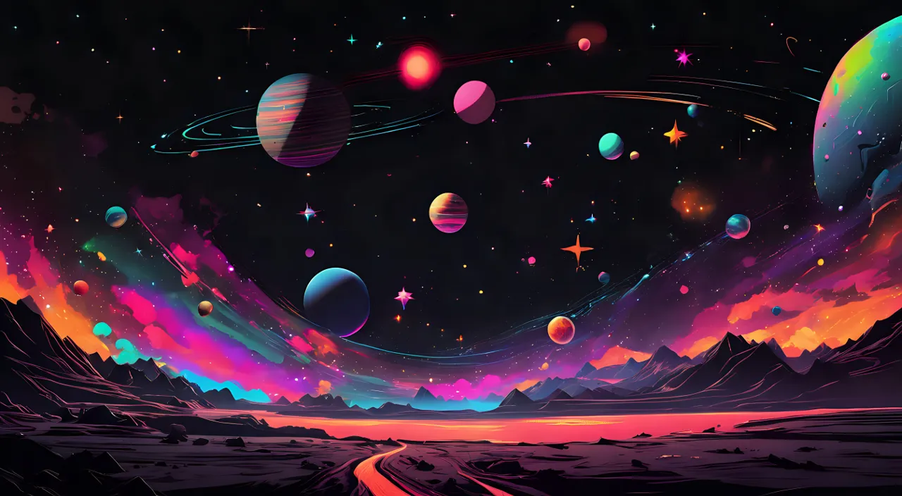 a space scene with planets and stars in the sky