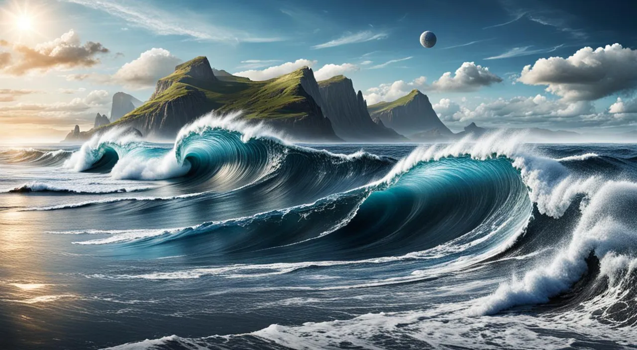 a painting of a wave in the ocean with mountains in the background