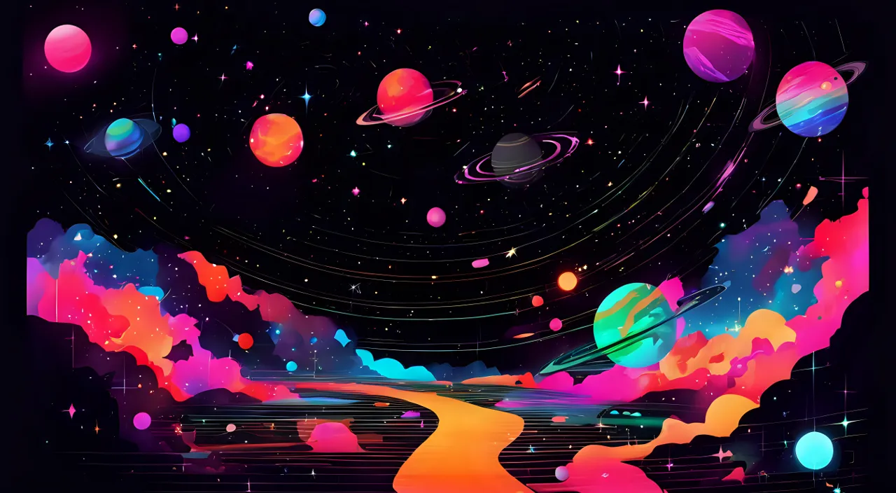 a painting of a road surrounded by planets and stars