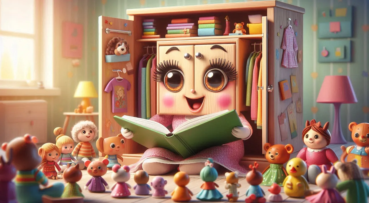 a cartoon character reading a book surrounded by toys