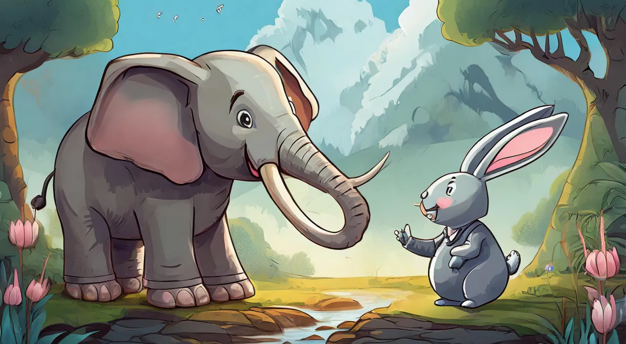 an elephant standing next to a rabbit in a forest