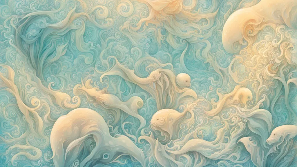 a painting of white and blue swirls on a blue background