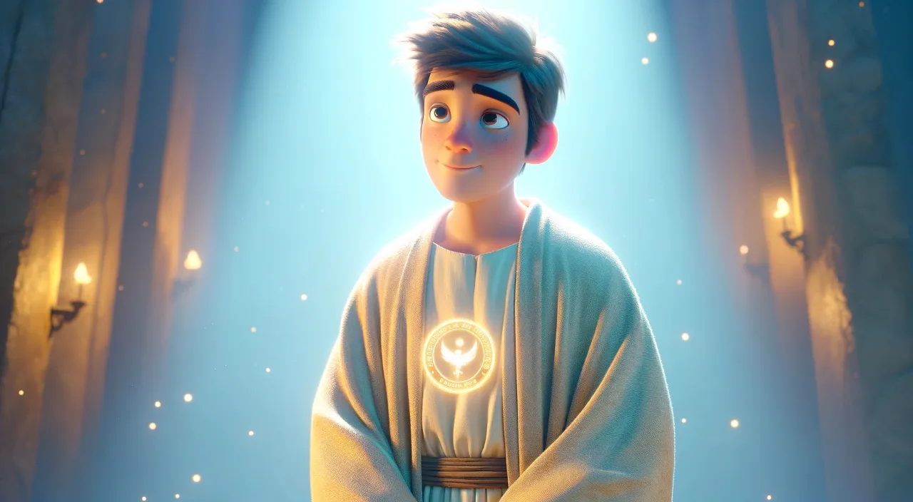 a man in a robe standing in front of a light, Pixar style