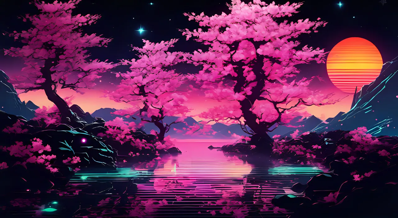 a painting of a sunset with cherry blossom trees and a body of water