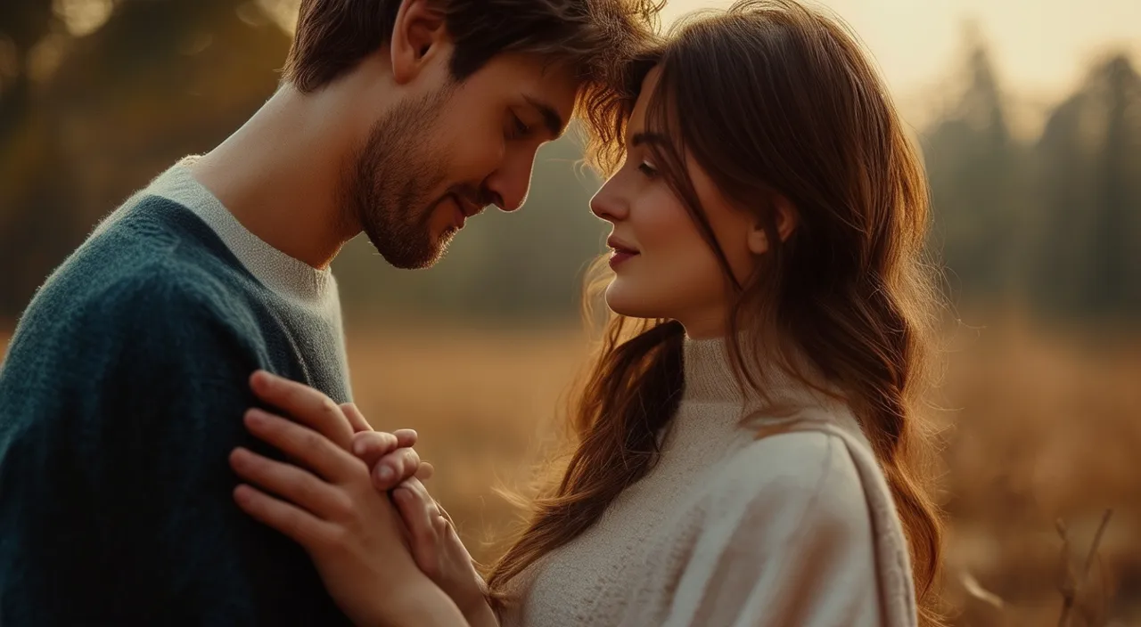 a man and a woman standing next to each other in a field