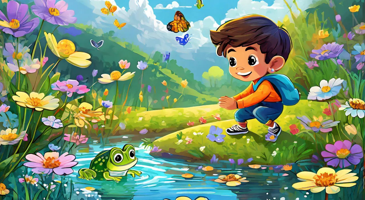 a boy is playing with a frog in the water