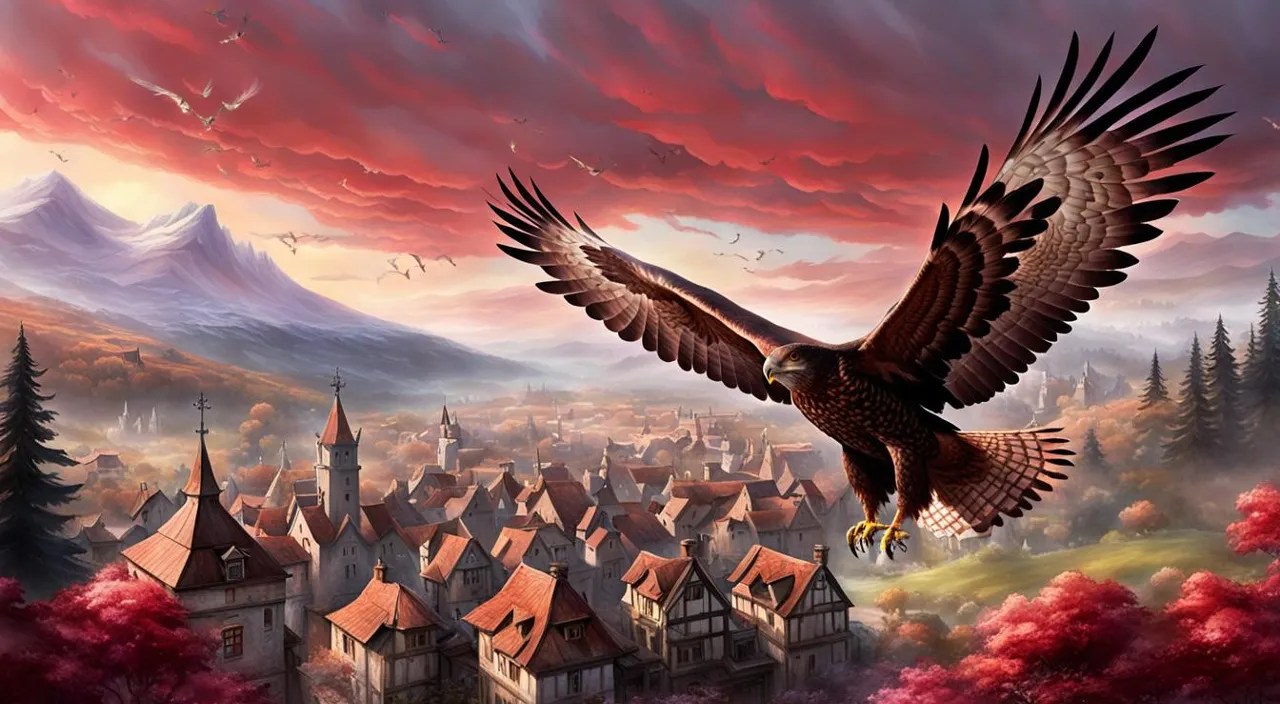 a painting of an eagle flying over a town