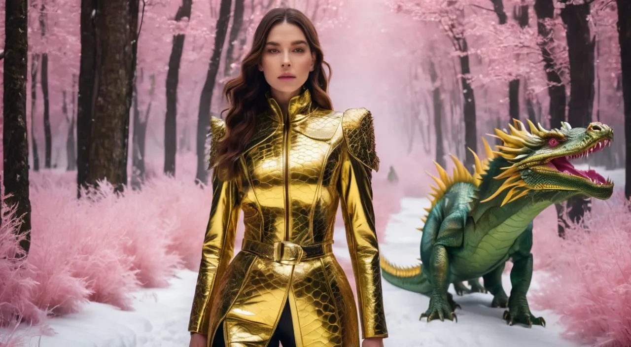 a woman in a gold outfit standing next to a dragon