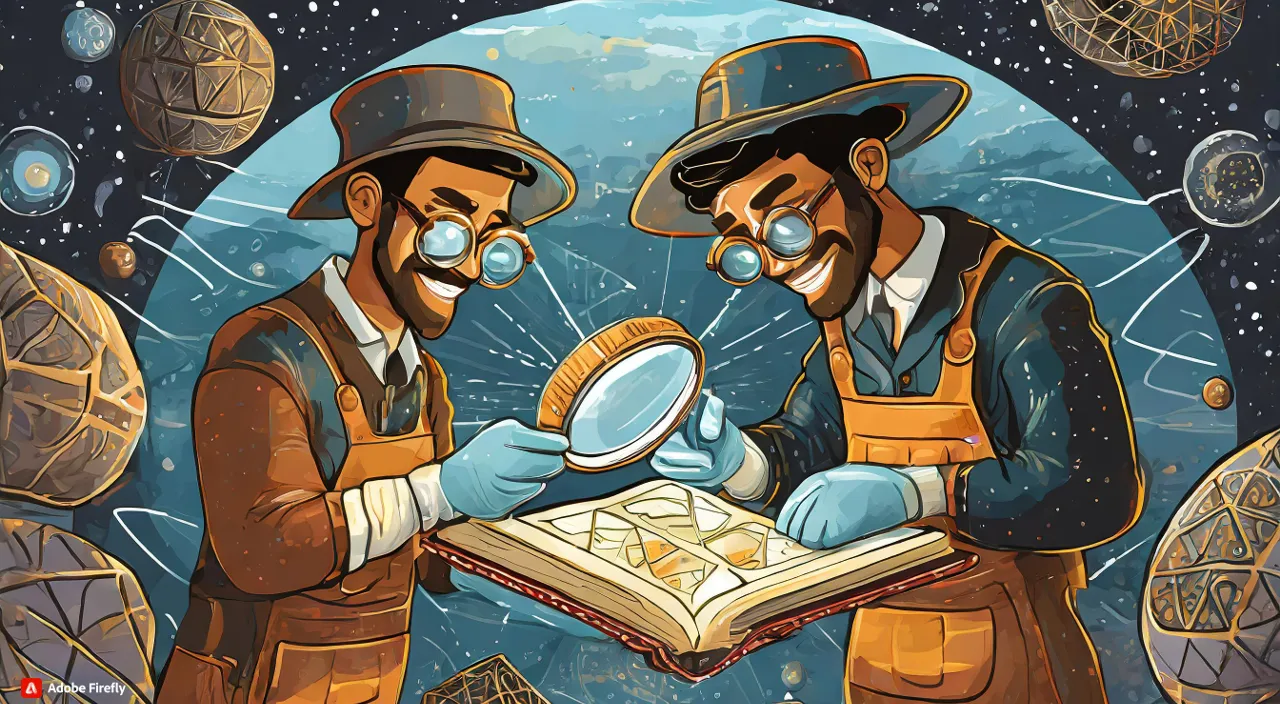 two men looking at a book with magnifying glasses