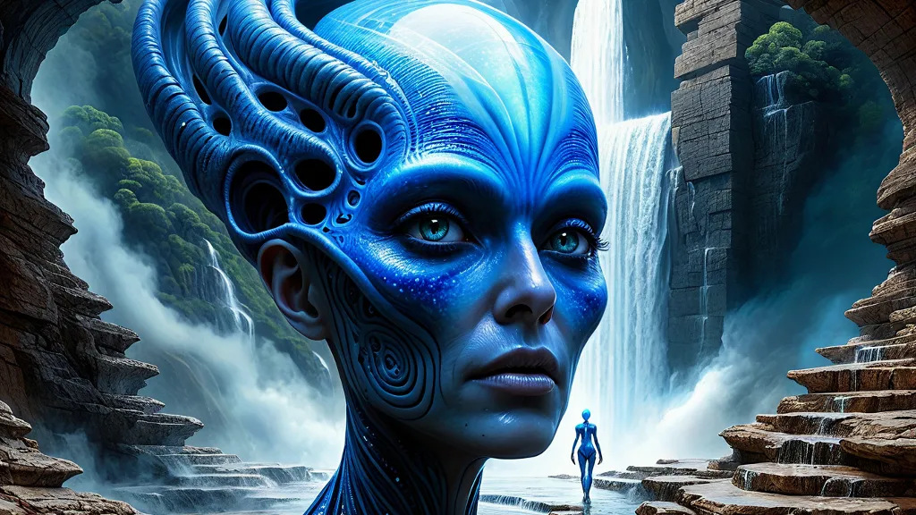 inside the mind of the beautiful blue alien Goddess walking on the lands of Elohim entering the eternal waterfall flux of knowledge and ecstasy, highest level of intricate details, cinematic, dark sci-fi fantasy block buster movie, photorealistic