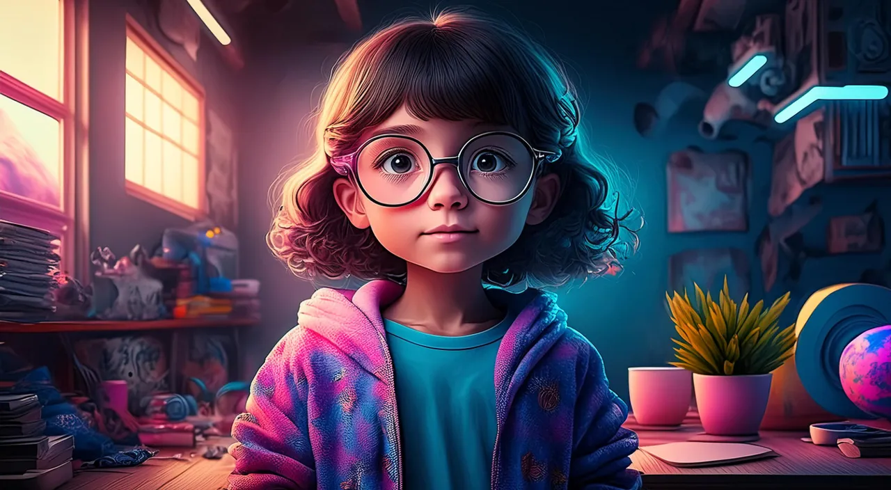 a little girl with glasses standing in a room