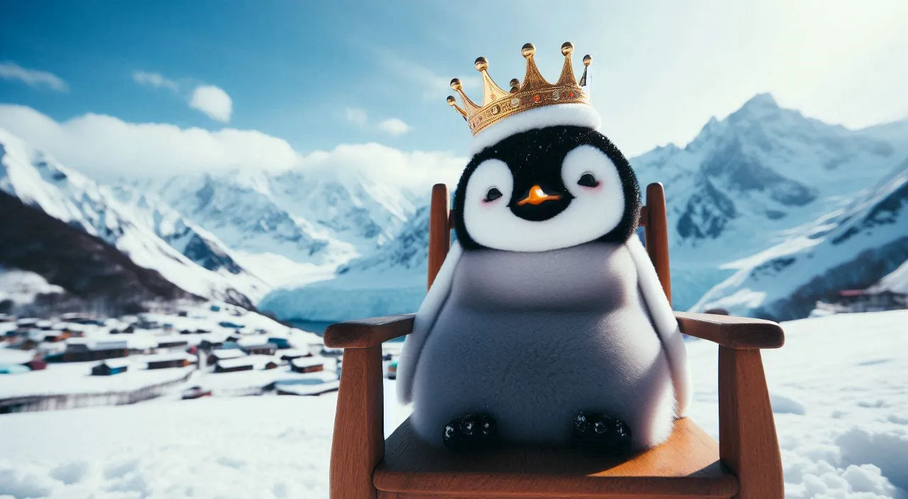 a penguin with a crown sitting in a chair with some other penguins