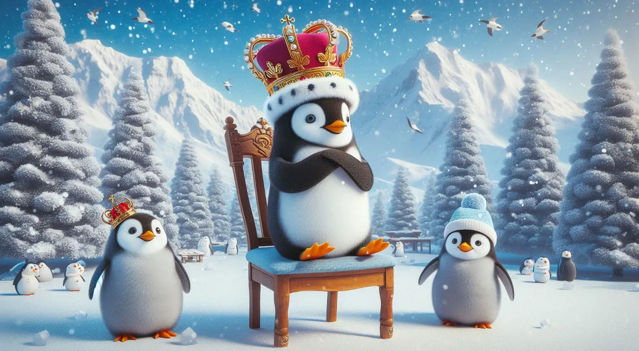 a penguin with a crown sitting on a chair next to few penguins and talking