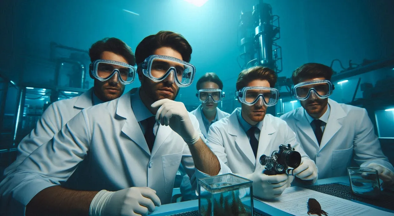 a group of men in lab coats and goggles they are talking