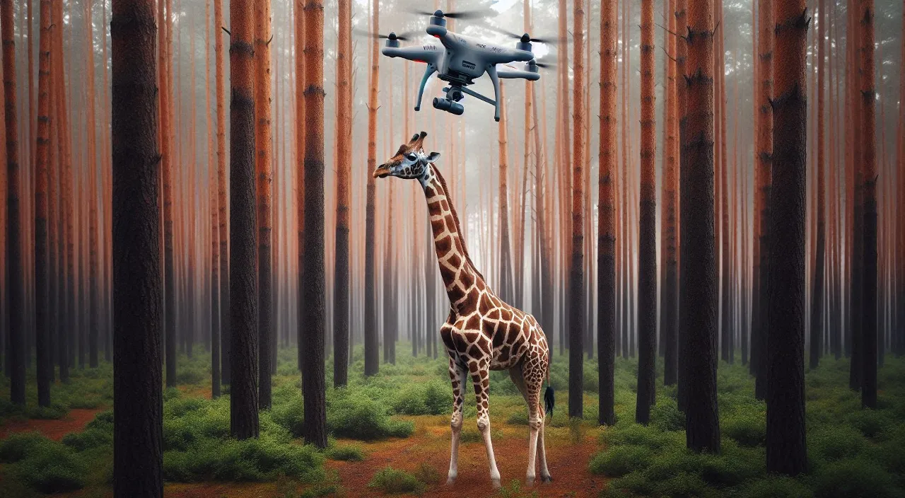 a giraffe standing in front of a drone in the middle of a forest