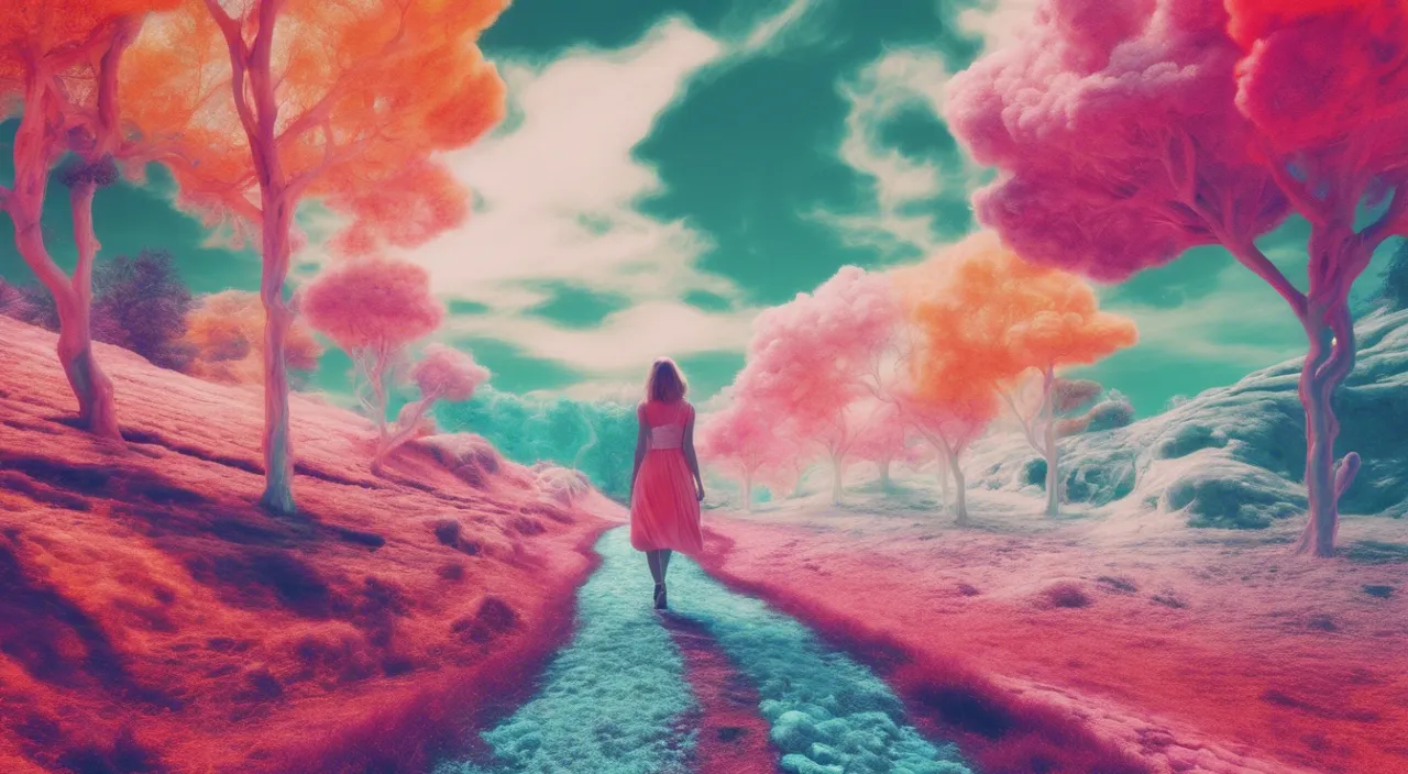 a woman in a red dress is walking down a path