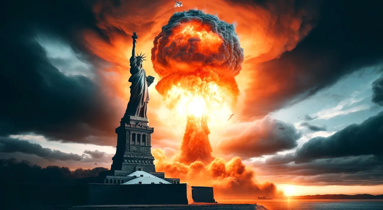 the statue of liberty is in the midst of a massive explosion