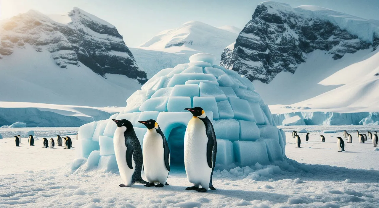 three penguins are standing in front of an igloose