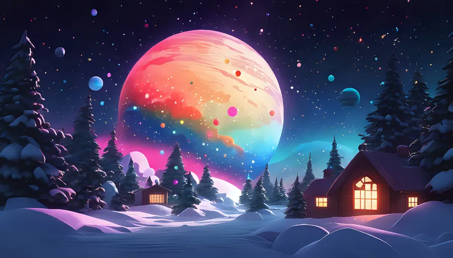 a painting of a snowy landscape with a house in the foreground and pine trees with snow and a colorful big planet in the sky