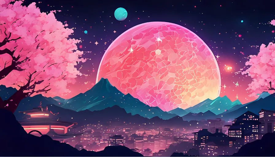 a painting of a pink moon over a city