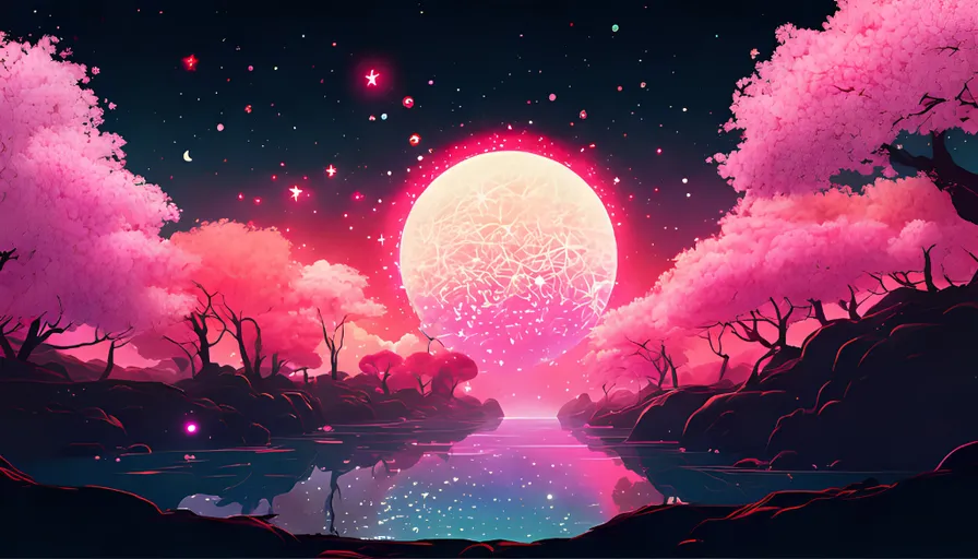 a painting of a pink moon over a lake