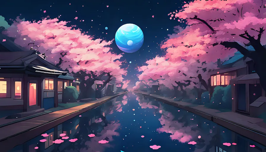 a painting of a river with cherry blossom trees and houses in the background with a blue planet in the sky with stars