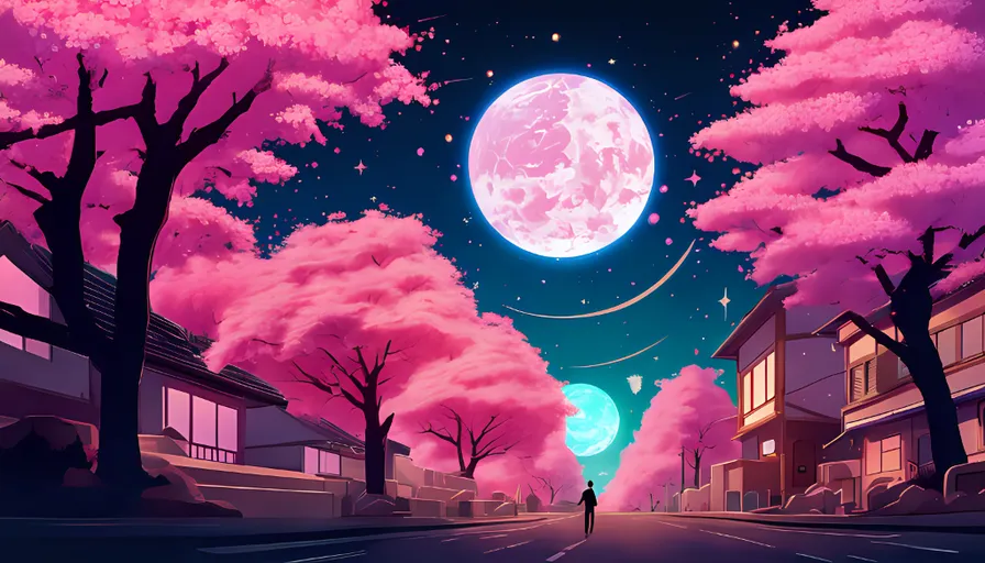 a painting of a person walking down a street under a full moon with cherry blossom trees and houses to the side