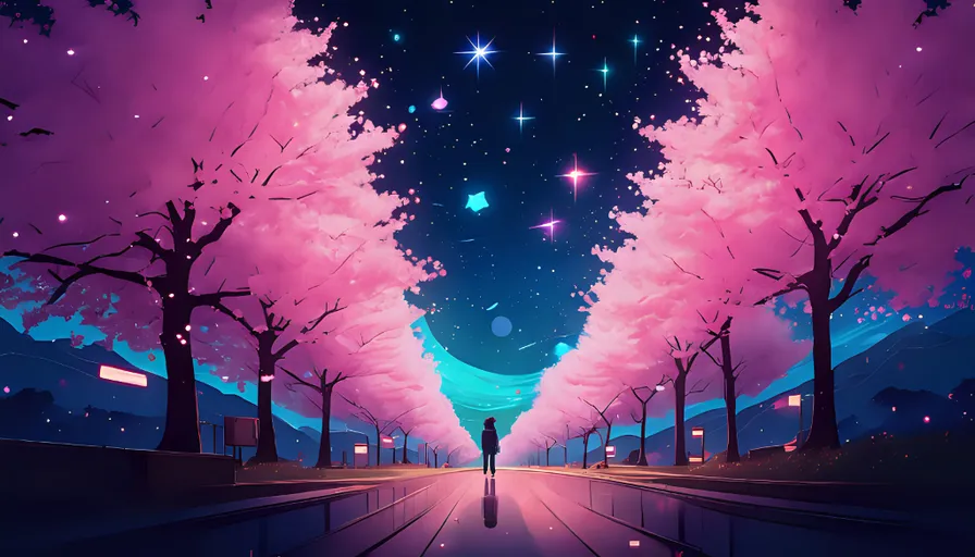 a man walking down a street under a starry night with cherry blossom trees to the side and distant light