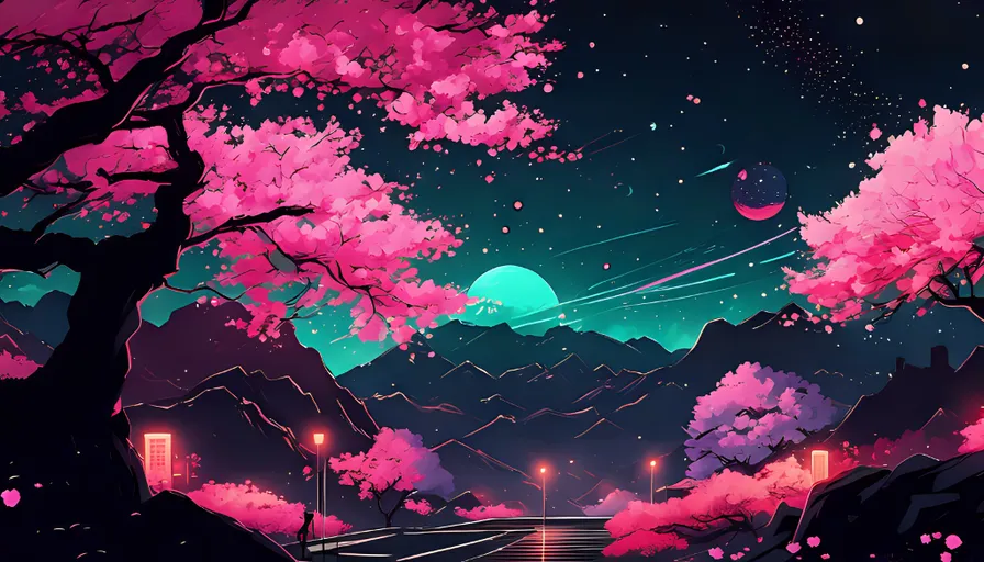 a night scene with pink trees and mountains