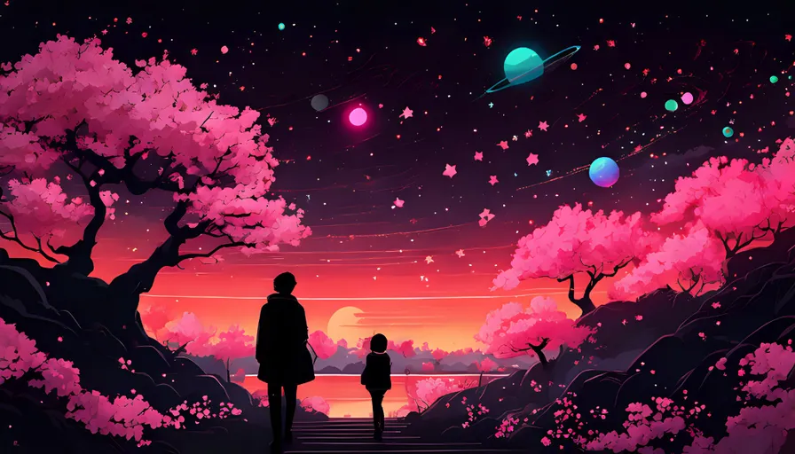 a man and a child are standing in front of a sunset