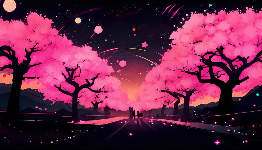 a painting of people walking down a road with pink trees