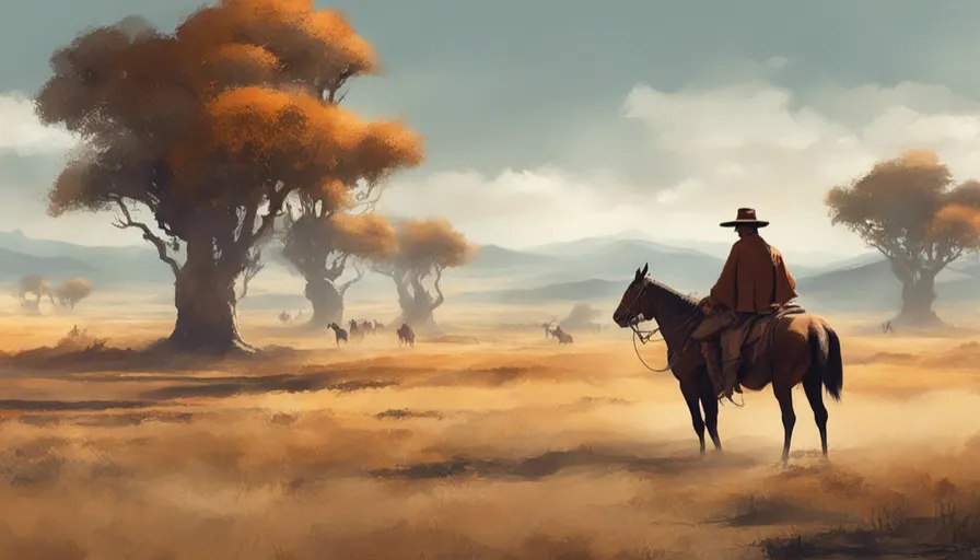 a painting of a man riding a horse in the desert