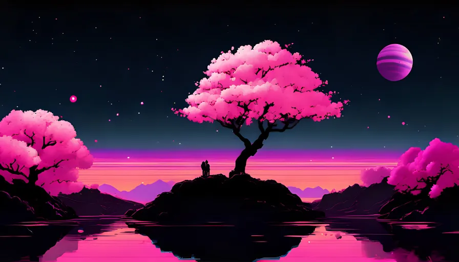 a painting of a pink tree and a purple moon