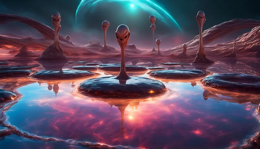 an alien landscape with a pond of water and a planet in the background