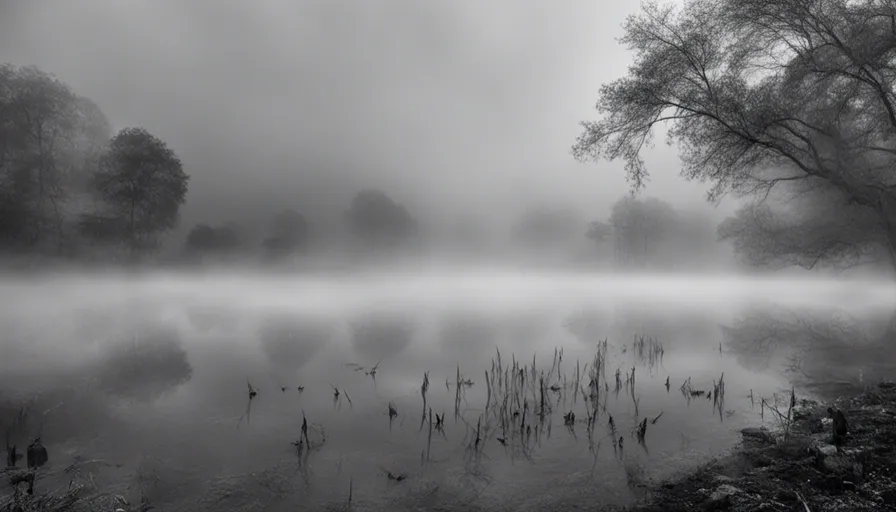 a black and white photo of a foggy lake