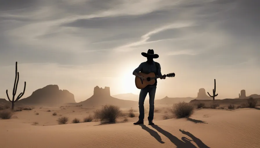 a man standing in the desert playing a guitar