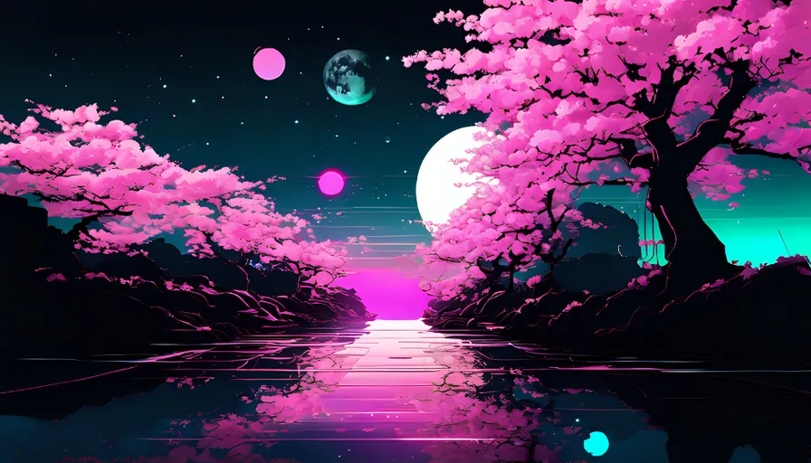 a painting of a river surrounded by cherry blossom trees and planets and a moon in the sky