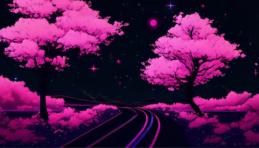 a night scene with a train track and trees