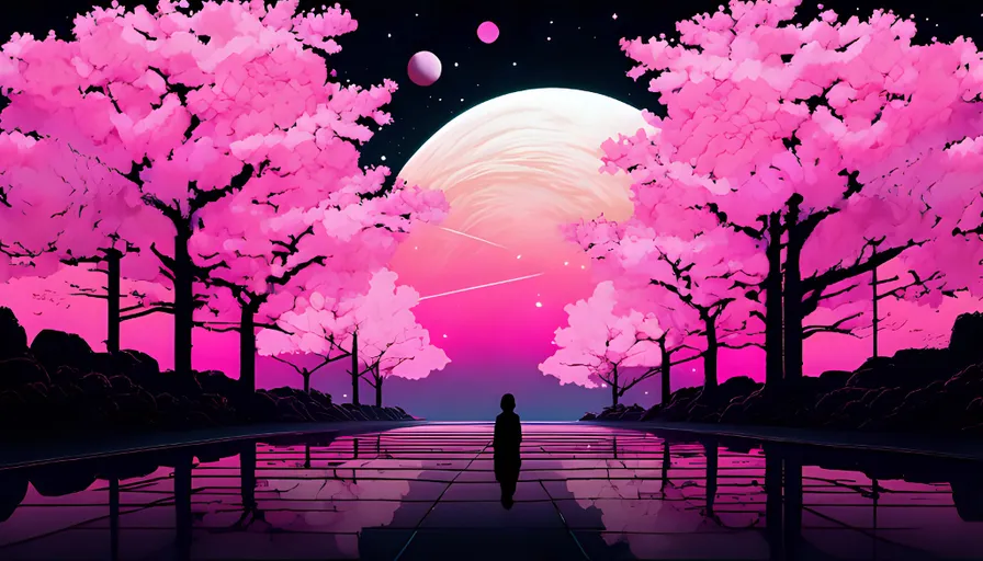 a painting of a person surrounded by cherry blossom trees with a giant moon on the horizon and small planets above that