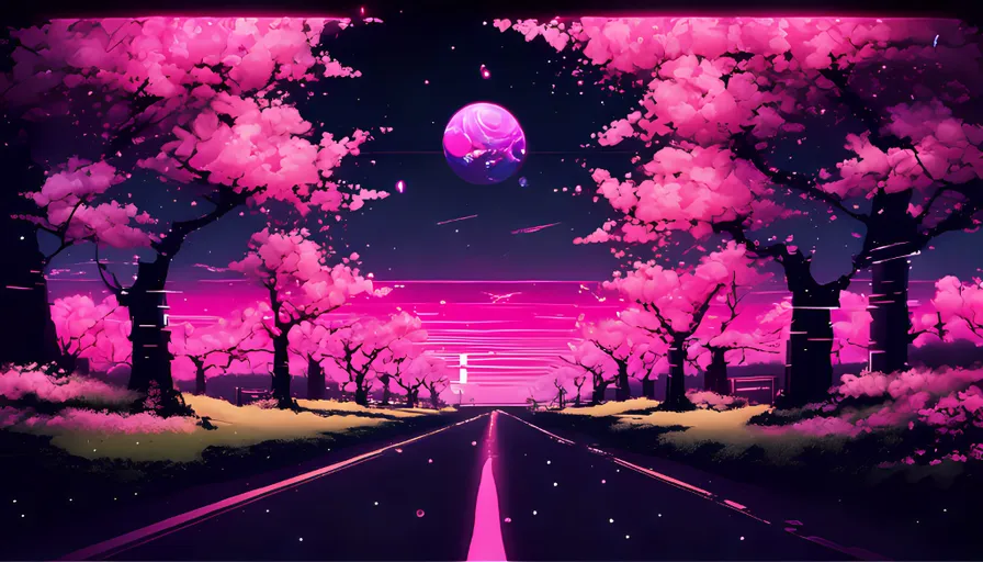 a painting of a street with cherry blossom trees on both sides and a purplish moon in the sky with a chill pink horizon