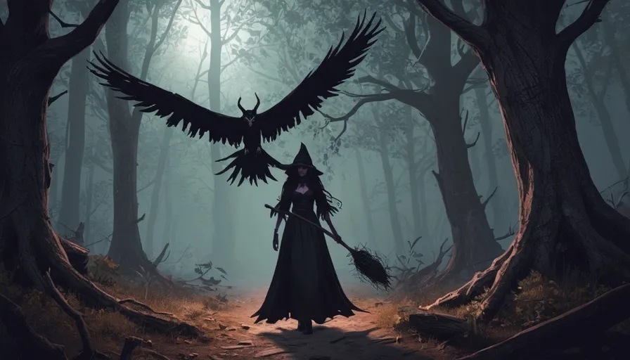 a woman in a dark forest with a large bird on her shoulder